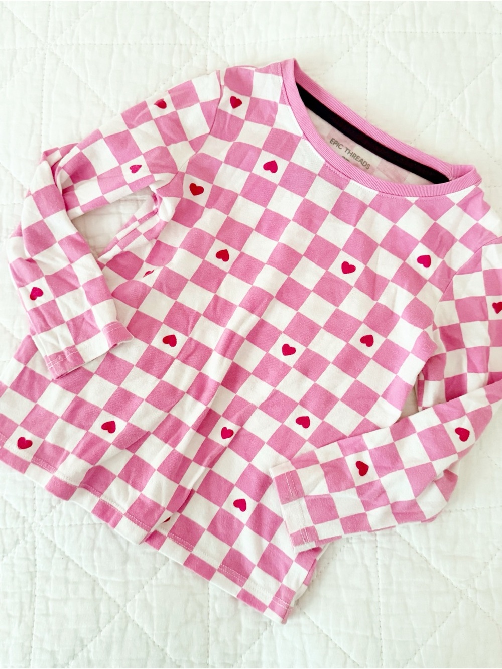Epic Threads 3T Kids Pink & White Checkerboard Long Sleeve Tee with Red Hearts